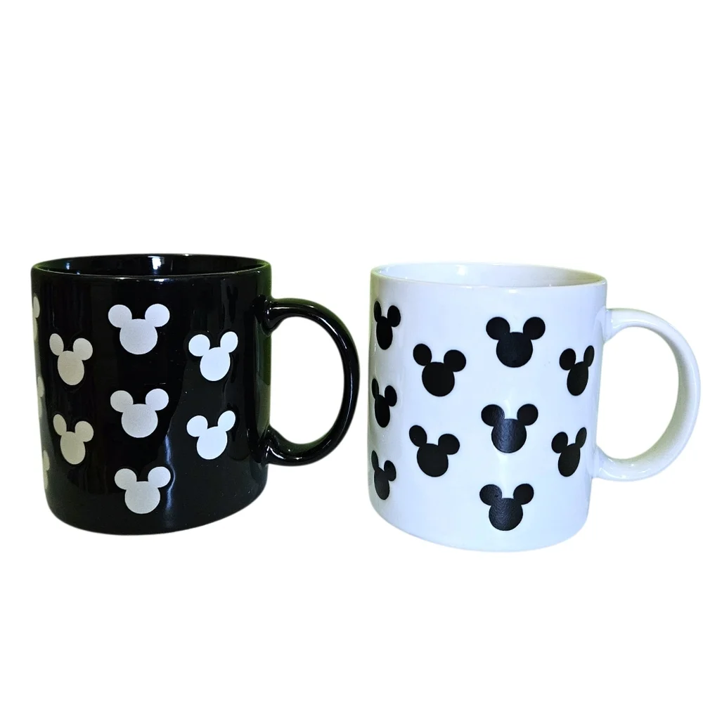 Disney Mickey Mouse Logo Coffee Mugs Set of 2 Cups Black & White 8 oz Disneyana